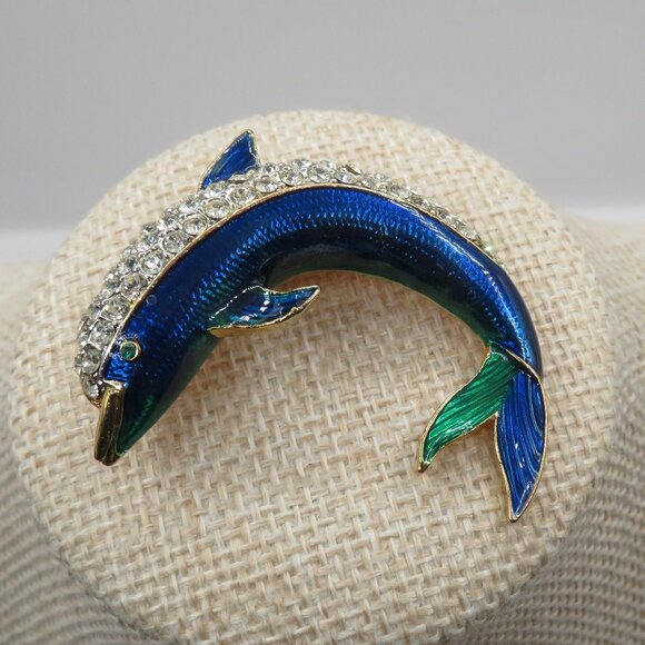 Jewelry - Vintage Dolphin Porpoise Rhinestone Accent Blue Green Enamel Brooch